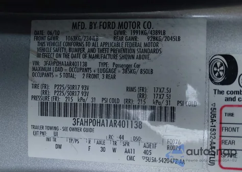 2010 Ford Fusion Se from USA, damaged, VIN 3FAHP0HA1AR401138